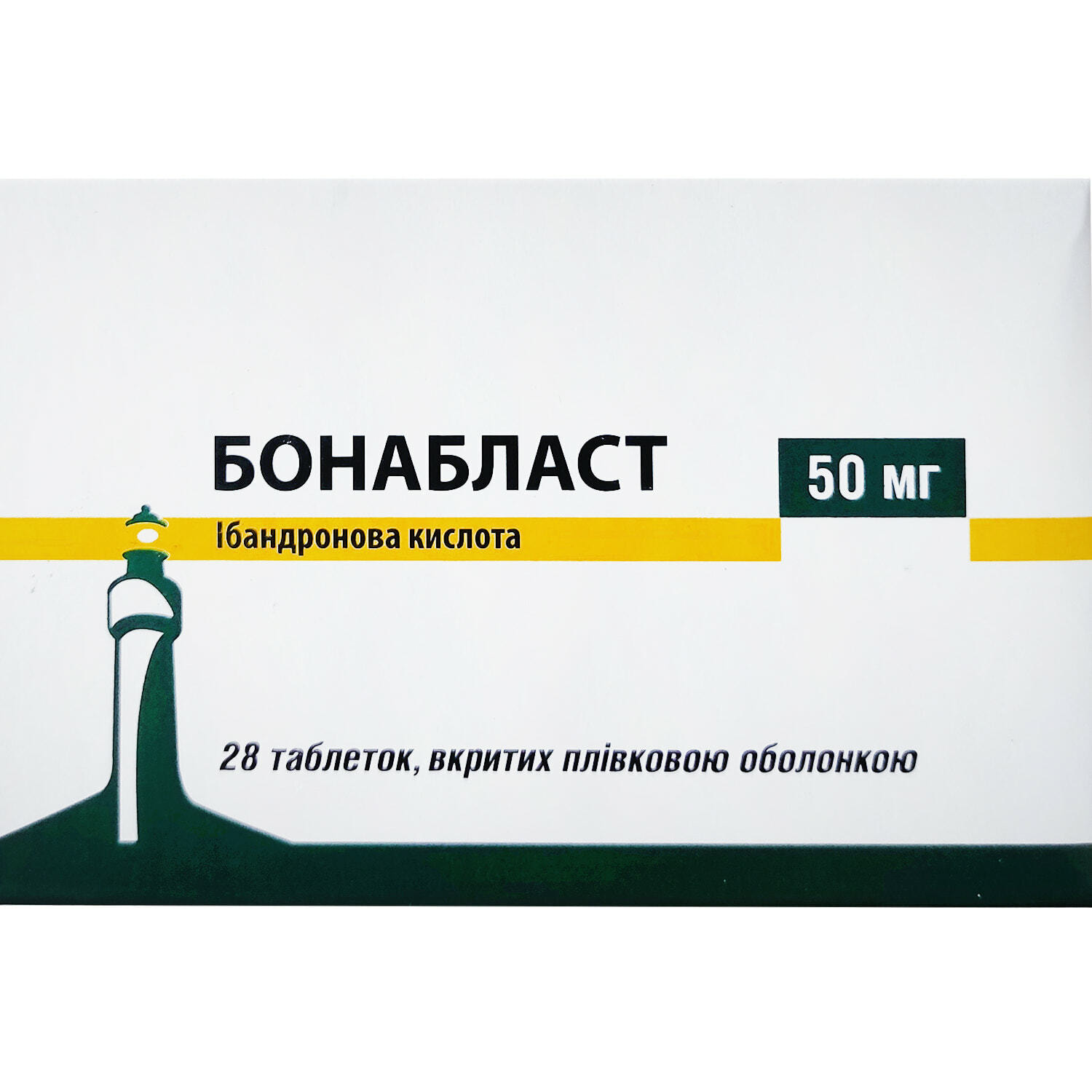 БОНАБЛАСТ таблетки, вкриті плівковою оболонкою по 50 мг, по 7 таблеток у блістері, по 4 блістери в картонній пачці
